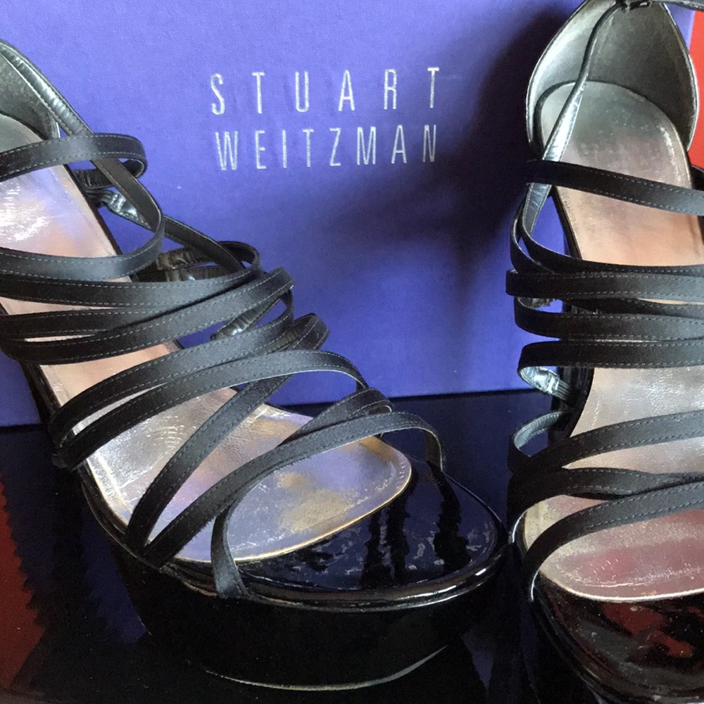 STUART WEITZMAN “DO THE TWIST” BLACK SATIN HEELS